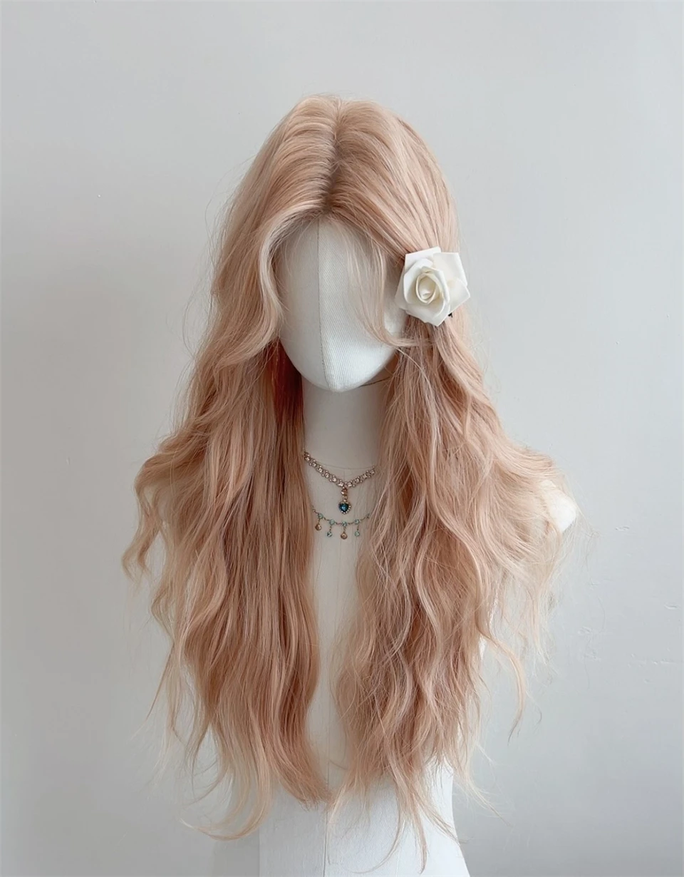 Pink Gold Long Straight Synthetic Wigs with Bangs Cosplay Wig for Women High Temperature Natural Fake Hair LM