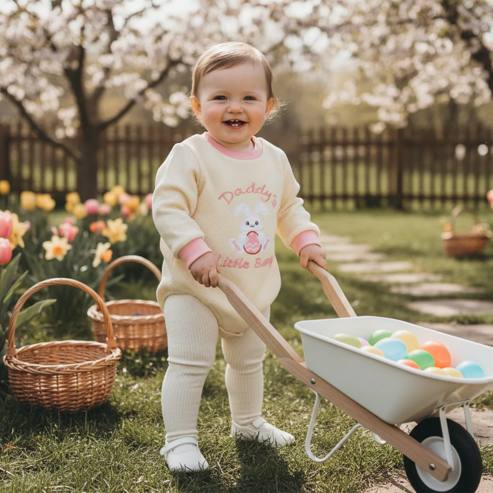 Baby Boys Girls Easter Romper Cute Bunny Letter Embroidery Long Sleeve Crew Neck Waffle Jumpsuit