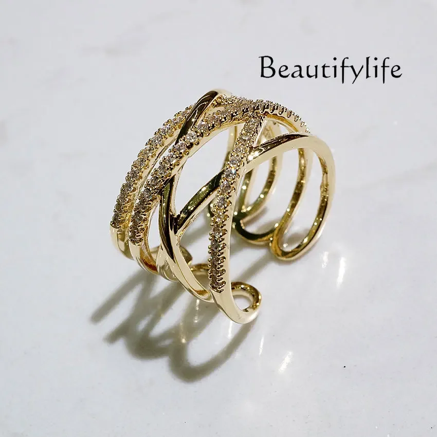 Exquisite fashion opening simple zircon ring artificial crystal multi-layer cross high-end sense