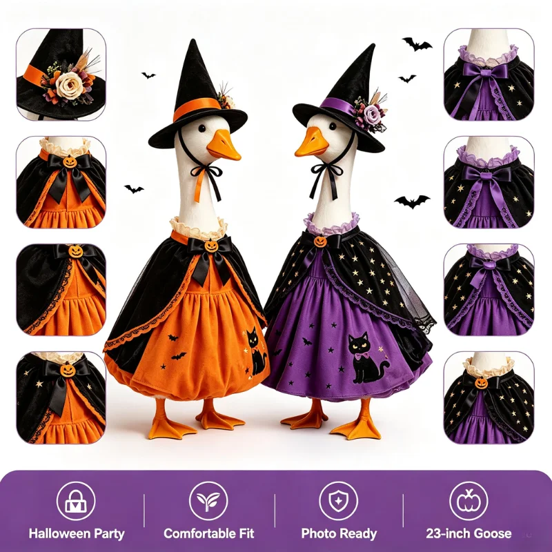 Halloween Goose Witch Outfit For 23-inch Lawn Goose Pumpkin Accent Black Cat Pattern Garden Goose Dress Hat Decoration Clothes