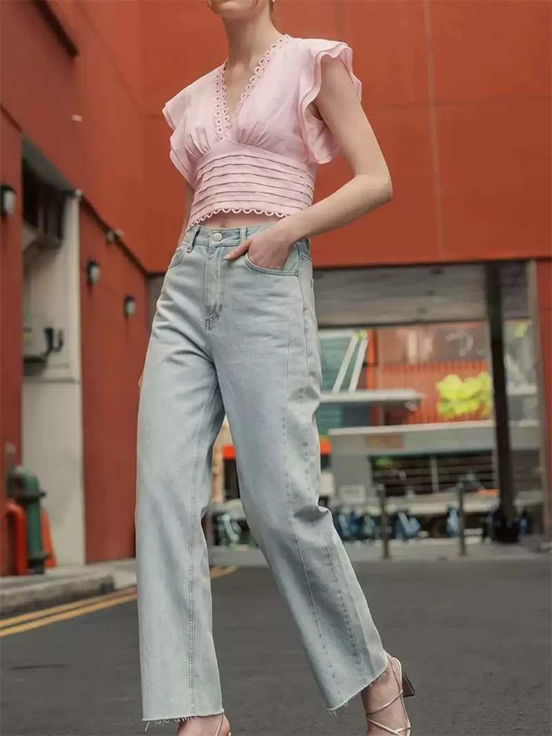 Backless Lace-Up Women Pink Jacquard Blouse Double Layered Ruffles Hollow Out Pattern Flying Sleeve Lady Waist-Cinching Top