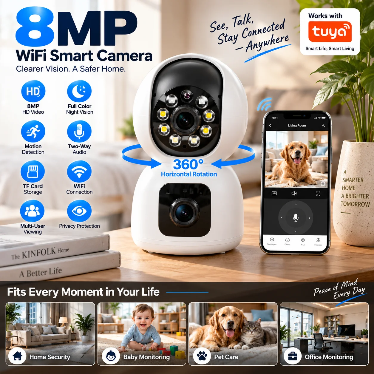 8MP 4K Dual Lens Dual Screen Tuya Indoor PTZ Security Camera 5GHz WiFi AI Auto Tracking Color Night Vision Surveillance