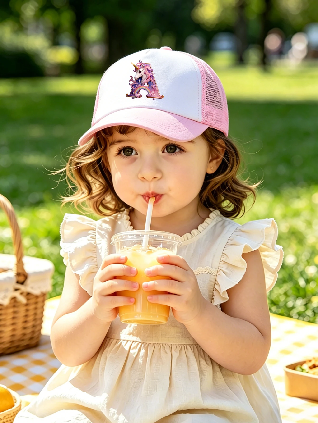 1pc pink baby hat  Adjustable Youngsters' Baseball Cap with A-Z letter Rainbow Unicorn - Breathable Sun Hat for Boys and Girls A view 4