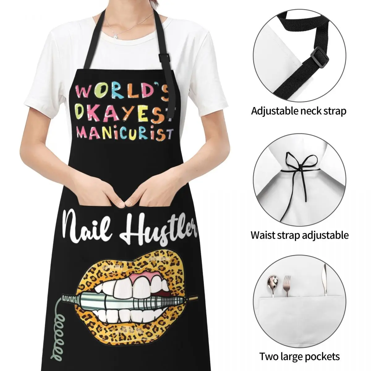 Leopard Lips With Nail Technician Drill Work Apron with 2 Pockets Water Resistant Adjustable Neck Strap Cool Nail Hustler Apron