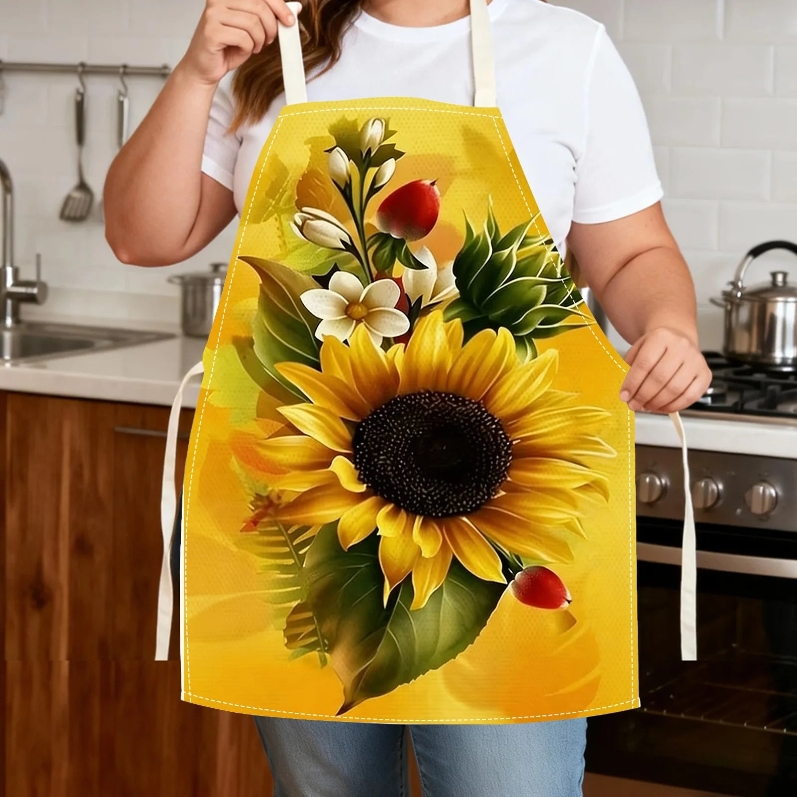 1pc 2D Printed Yellow Pastoral Sunflower Apron, Durable Polyester Fabric, Apron for Kitchen Cooking, Nail/Hair/Makeup Artistry,