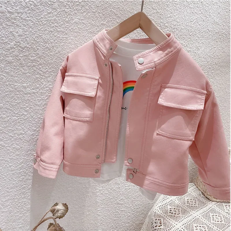 

2023 New Fashion black Jacket For Girls Spring Autumn Children's Clothing Windbreaker Pink Leather Jacket TZ128