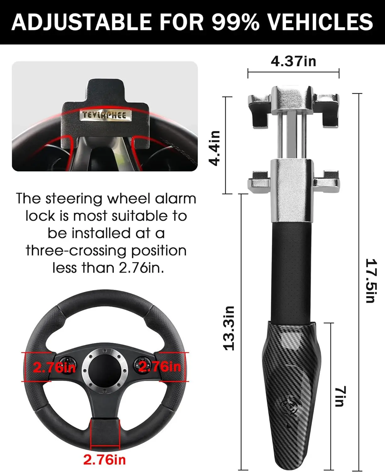 Tevlaphee Steering Wheel Lock with Alarm,Heavy Duty Anti-Theft Device Lock Vehicle Truck Van SUV Security