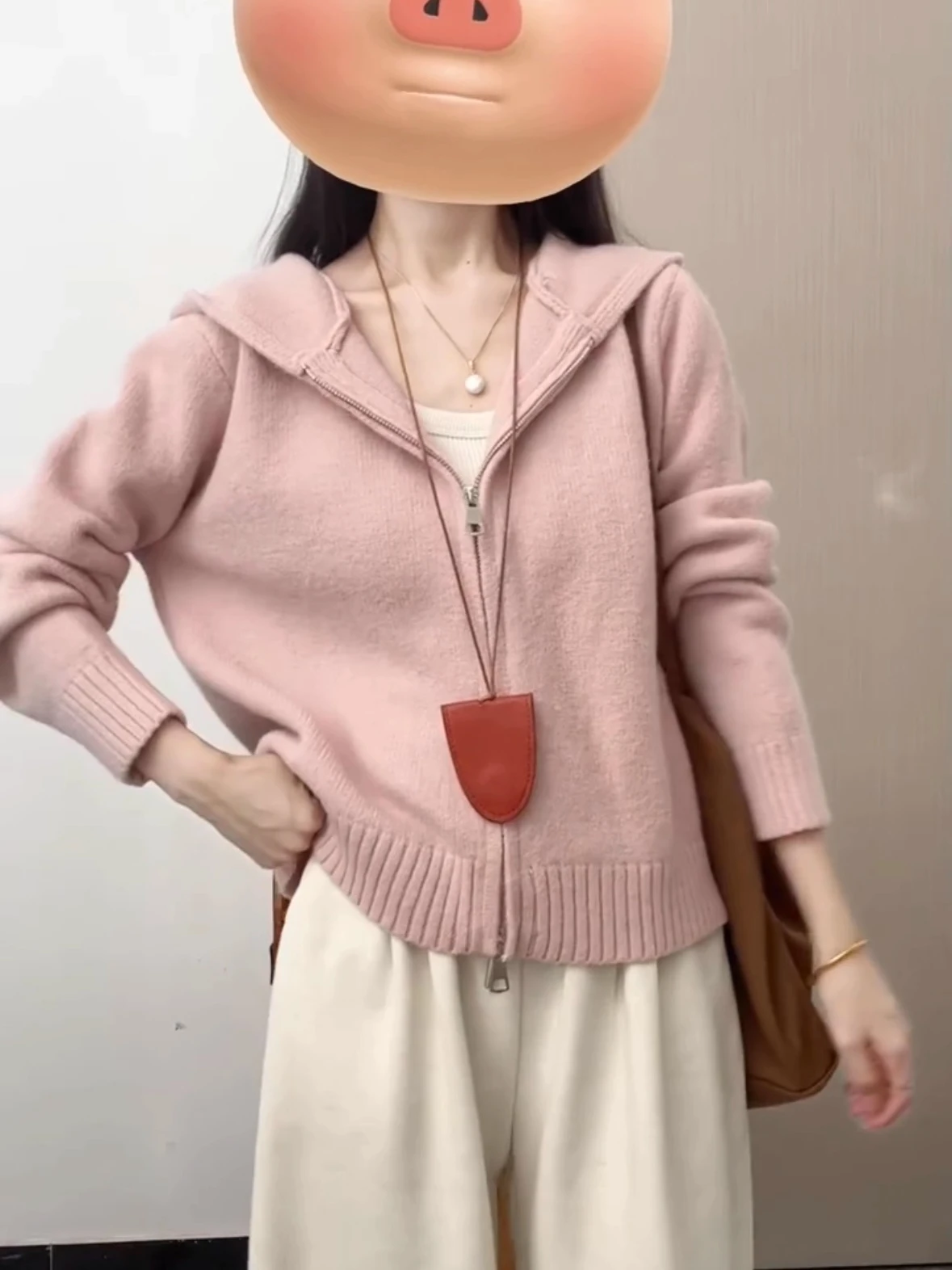 Suéter rosa suave y acogedor de punto con cremallera para mujer, ropa de abrigo informal holgada para otoño e invierno, cárdigan abierto con capucha a la moda, viaje cálido