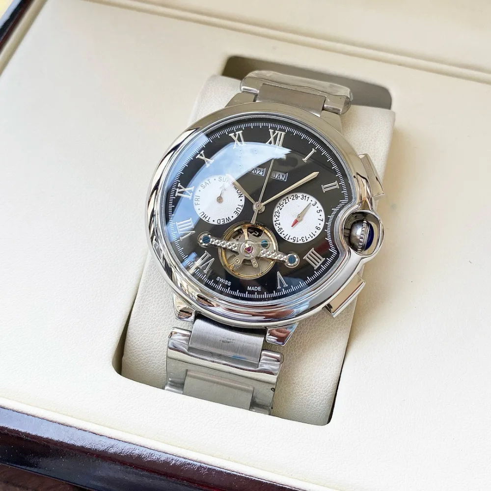 

Luxury Silver Men's Automatic Mechanical Watch Chronograph Tourbillon Black Dial Stainless Steel Bracelet