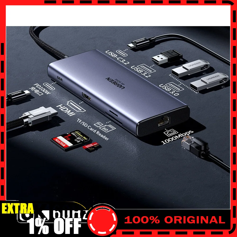 UGREEN CM639 15532 9 in 1 USB C Hub 10Gbps Docking Station 4K 60Hz HDMI Gigabit Ethernet SD TF PD 100W