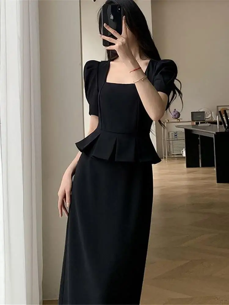 우아한 여름 긴 드레스 여성의 높은 허리 버블 슬리브 스퀘어 칼라 슬리밍 a 라인 가운 한국 스타일 폴리 에스터 섬유