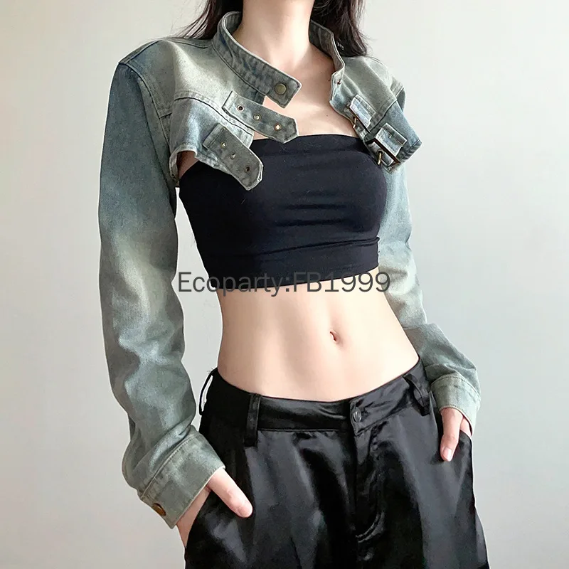 ผู้หญิงแฟชั่น DENIM แจ็คเก็ต Y2K ความงาม VINTAGE SEXY Crop Tops เสื้อญี่ปุ่น Harajuku Streetwear หญิงฤดูใบไม้ผลิฤดูร้อน Outerwear