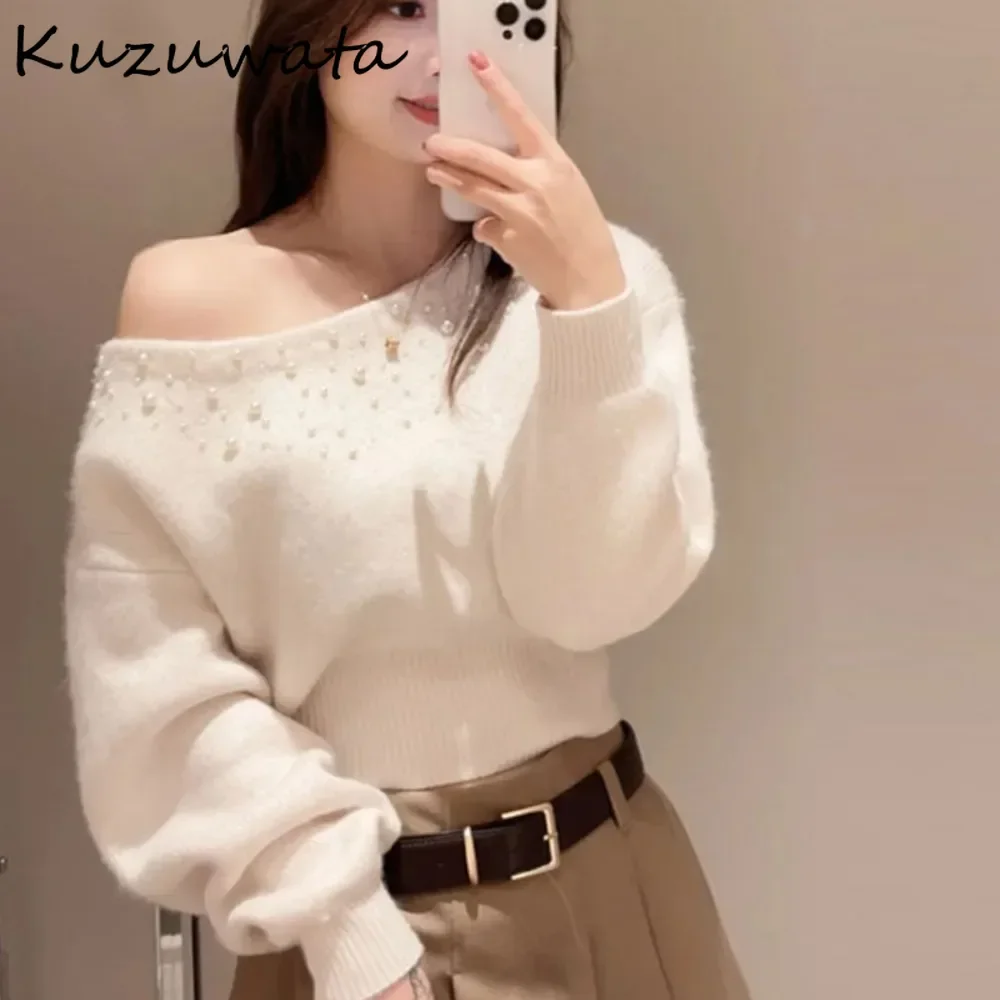 Kuzuwata suave de moda avanzada Slash Neck Jumper rebordear fuera del hombro manga de murciélago Ropa Mujer japonés sólido tejido chica Tops