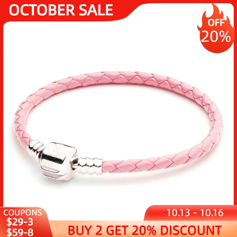 

ATHENAIE Pink Single Braided Leather 925 Sterling Silver Snap Clasp Bracelet Fits Fit All European Charm Bead