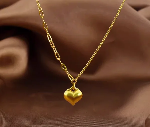 100% 999 real gold necklaces 24k pure gold chains necklace yellow gold heart shape pendant necklace about 4grams 42cm AB chains