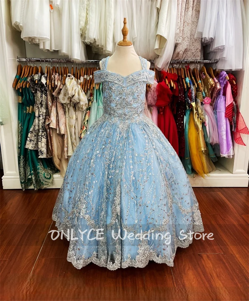 New Arrival Sky Blue 2024 Sparkly Flower Girls Dress Beads Sequins Lace Appliques Child Princess Gown For Birthday Party