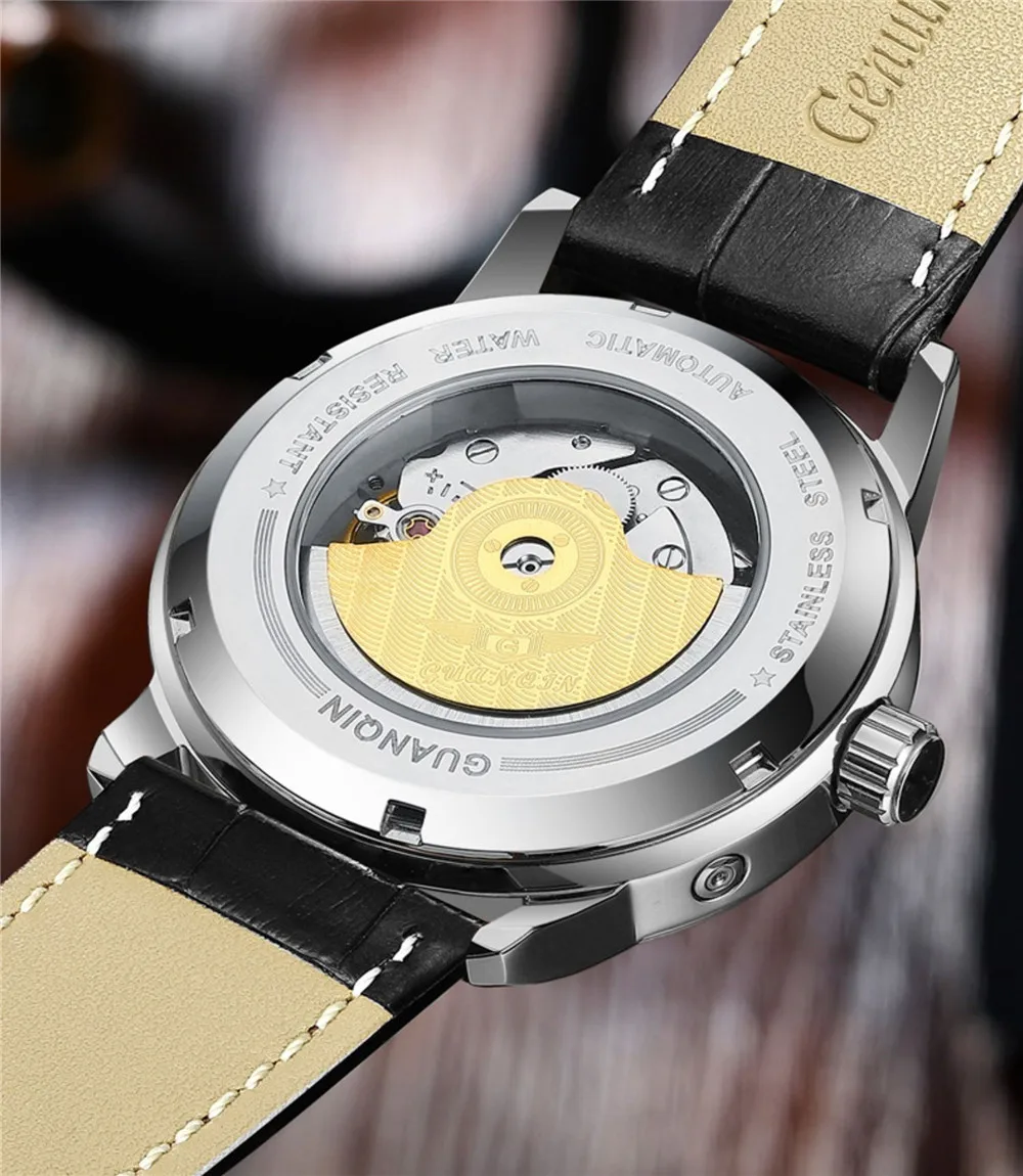 GUANQIN Luminous Leather Mechanical Wrist Watch Sapphire Crystal Moon Phase Men Sport Watches Waterproof Automatic Wristwatch