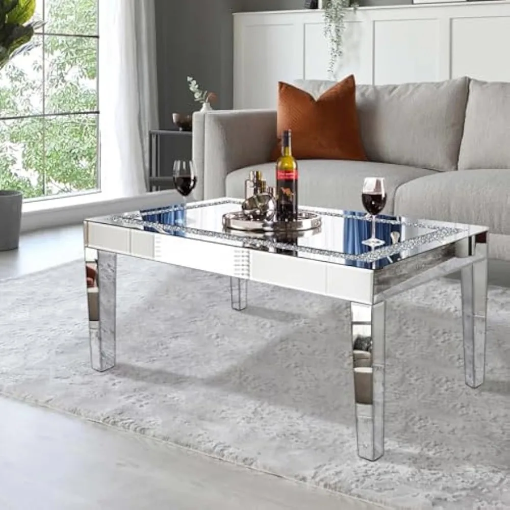 Coffee Table with Crystal Inlay, Rectangle Glass Tea Table with Mirrored Finish, Modern Center Table for Living Room