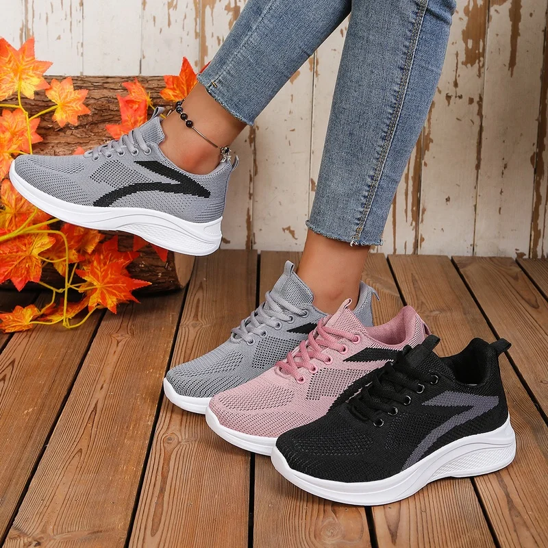 

Women's Shoes New Fashion Breathable Non-slip Wear-resistant Outdoor Casual Knit Mesh Lace-Up Running Sneakers