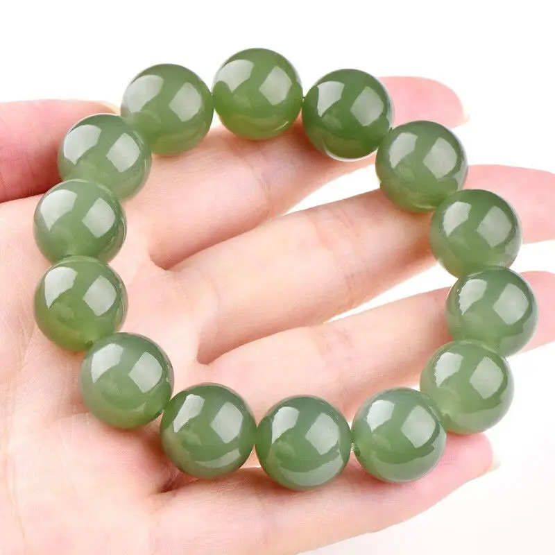 Hetian Green-White Natural Jade Men And Women Round Bead Bracelet