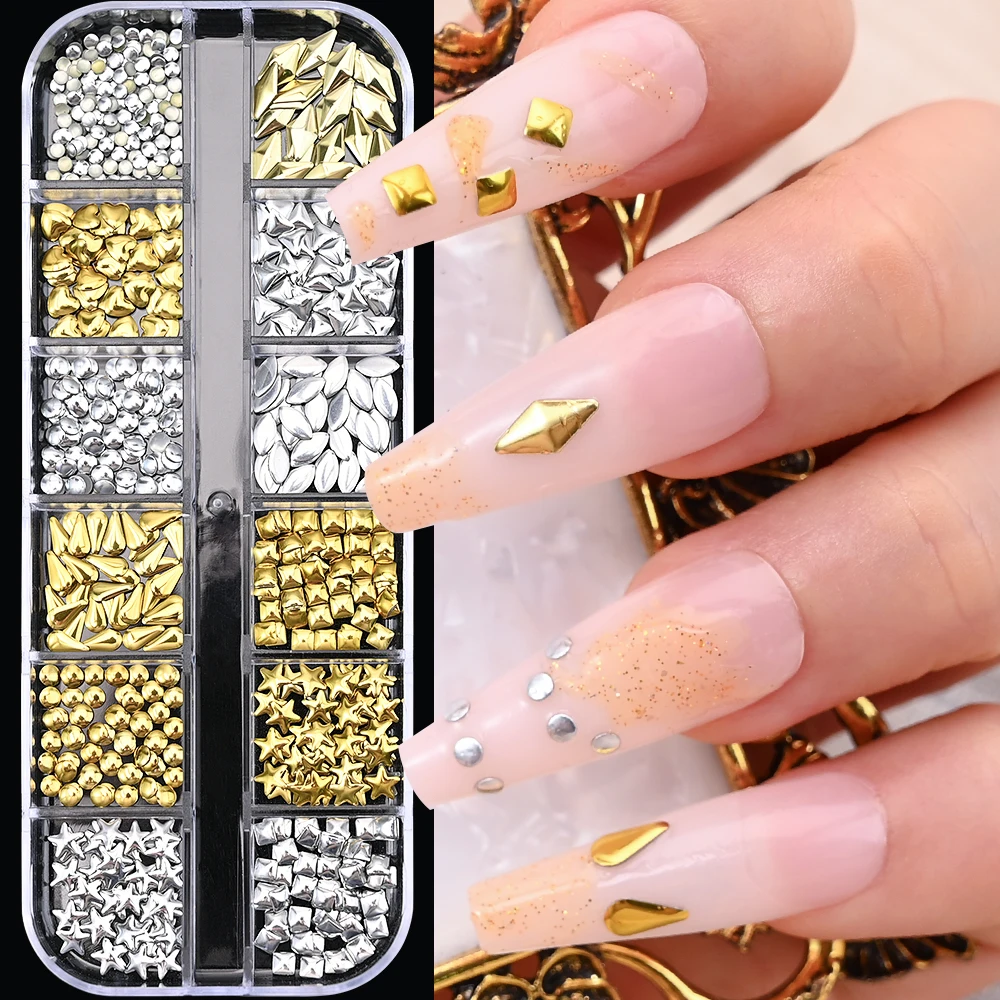 1000 Stück-12 Gitter 3D Gold Silber Stern/Kreuz Nagel Nieten Nieten Legierung Metallic Sternenlicht Nagel Charms Y2K 3D Kreuz/Stern Maniküre Niete