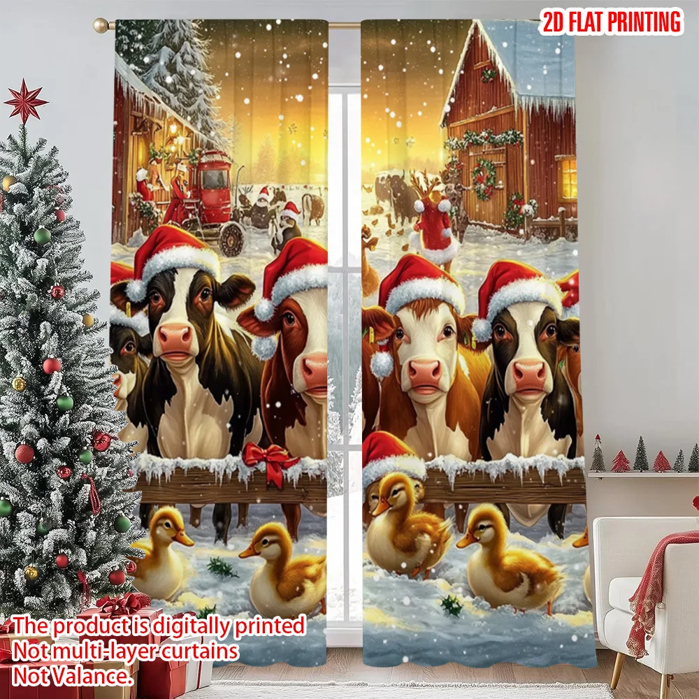 

2pcs 2D flat printing Christmas Curtains Merry Christmas Farm Cute Animals Versatile Polyester Without Electricity Family Party