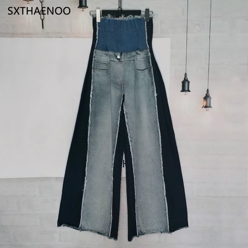 بنطلون جينز نسائي عتيق عالي الخصر وواسع الساق من SXTHAENOO مع كتلة ألوان + حواف مرقعة وحاشية خام #3