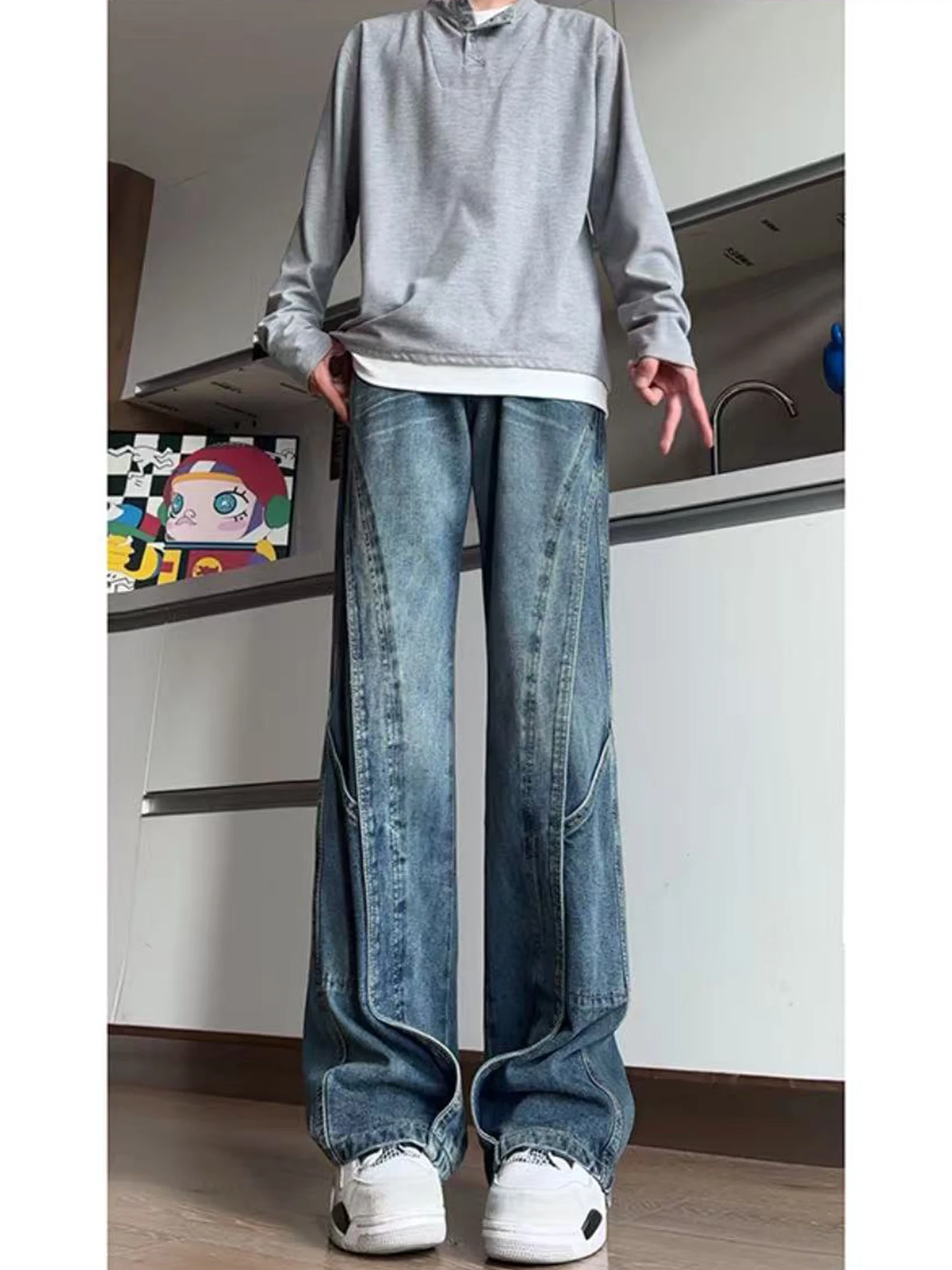 

Retro American High Street Men's Jeans Knife Washed Slim Fit Micro Flared Straight Leg Trousers Trendy Patchwork Jeans