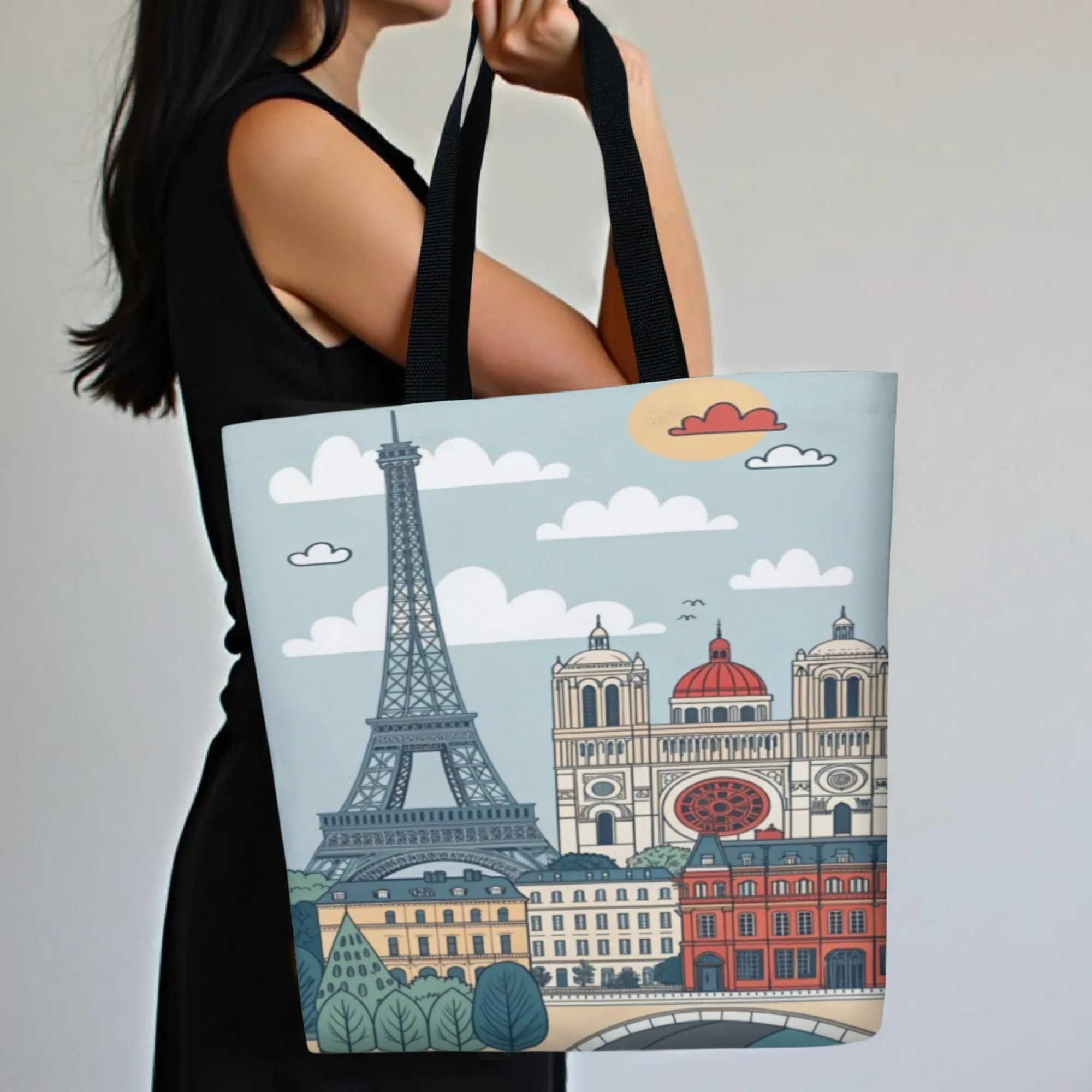 Urban Parisian Canvas Tote Bag City Landmark Art Print Women's Stylish Reusable Shopping Bag for Parisian Aesthetic Daily Life