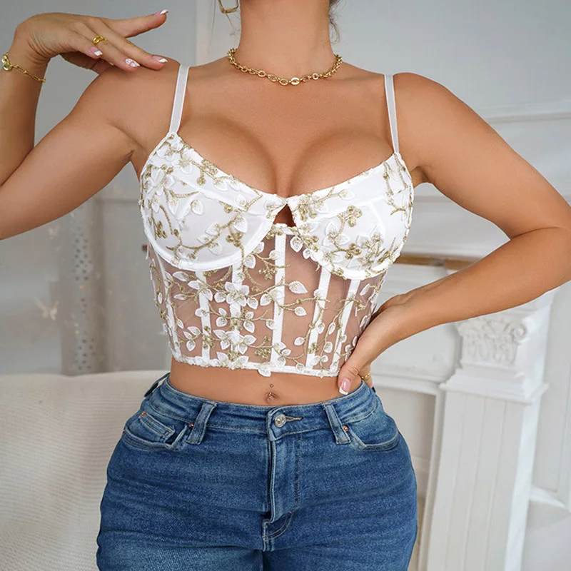 Lace StreetwearSexy Women Mesh Underbust Corset Flower Embroidery Fashion Fishbone Lingerie Crop Tops