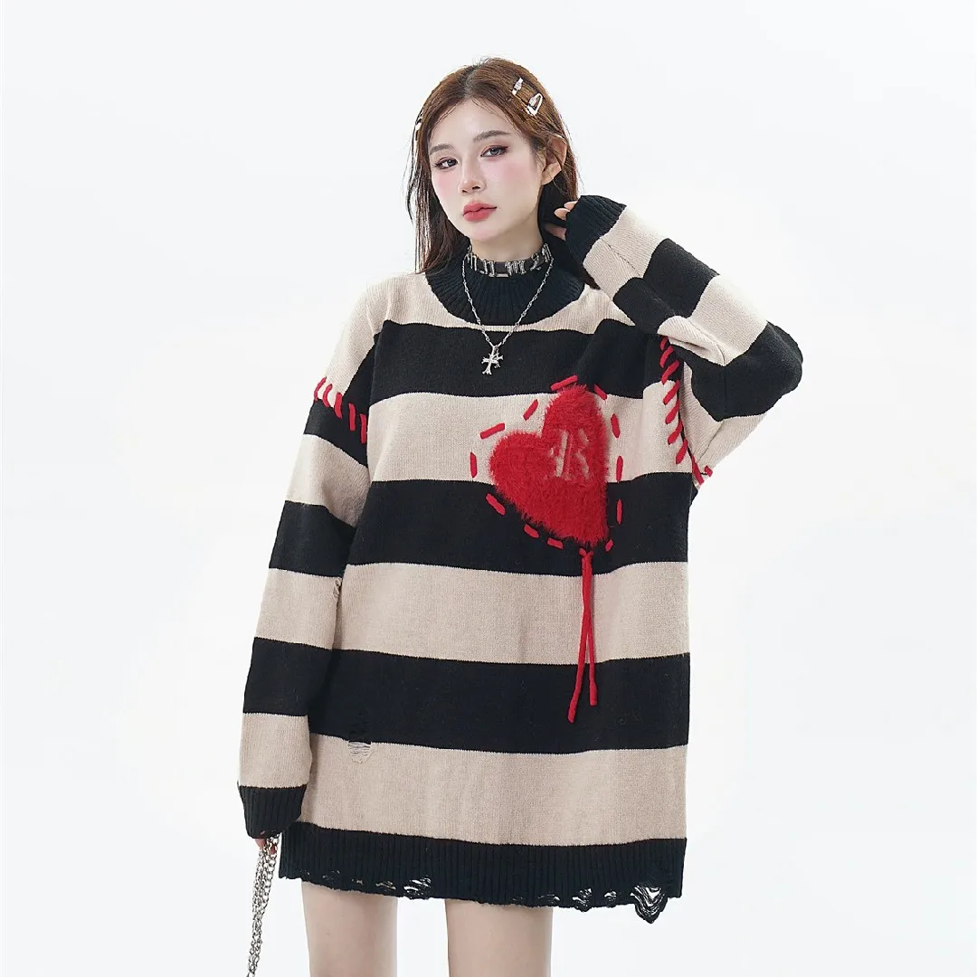 Frayed Neck Ripped Holes Striped Oversized Women\'s Goth Sweaters Pullovers Jacquard Heart Winter Women Clothing Grunge Clothes