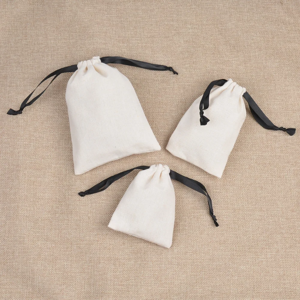 50pcs/lot 9*12 10*15 13*18cm White Cotton Drawstring Pouches With Black Rope Jewelry Gift Bags Women's Cosmetic Bag Custom Logo