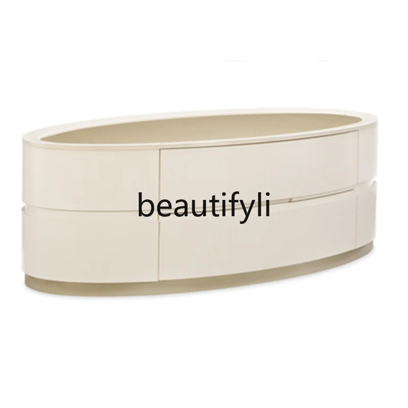 

American Light Luxury Coffee Table French Postmodern Living Room All Solid Wood Glass Oval Tea Table