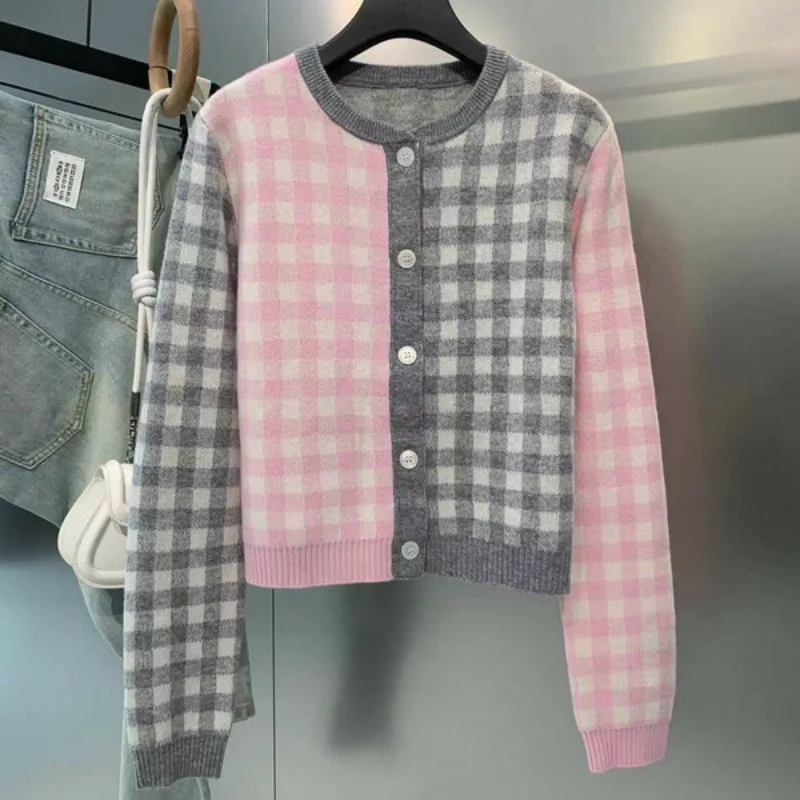 

Осенний новый французский винтажный контрастный цвет в клетку, короткий вязаный кардиган, женская элегантная женская верхняя одежда с круглым вырезом, свитер, топы Y2K
