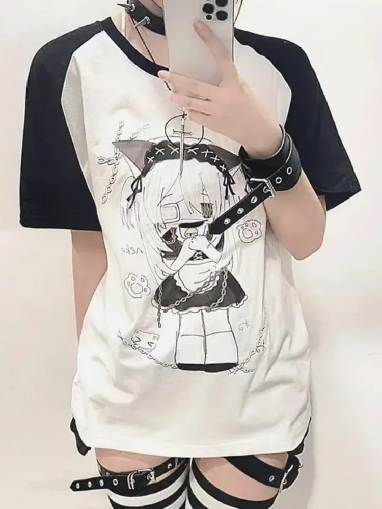 

Japanese Y2K Lolita Kawaii T Shirt Off Shoulder White Short-sleeved Summer Loose T-shirt Woman Cartoon Print Sweet Harajuku Tees