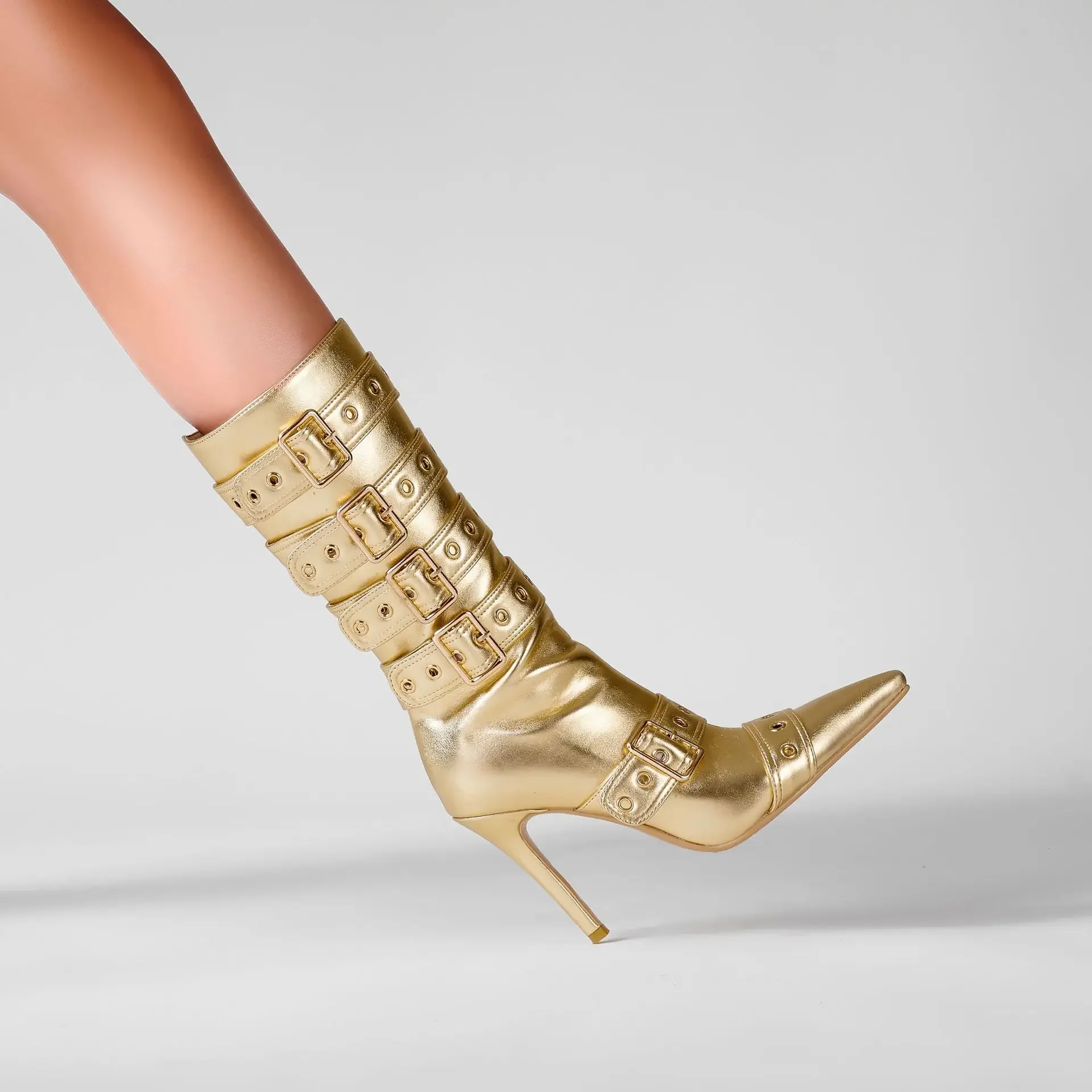 

Pointed Toe Stiletto Belt Buckle Mid-Calf Boots Gold Glossy Stiletto Heel Knight Botines Catwalk Style Plus Size Women Botas