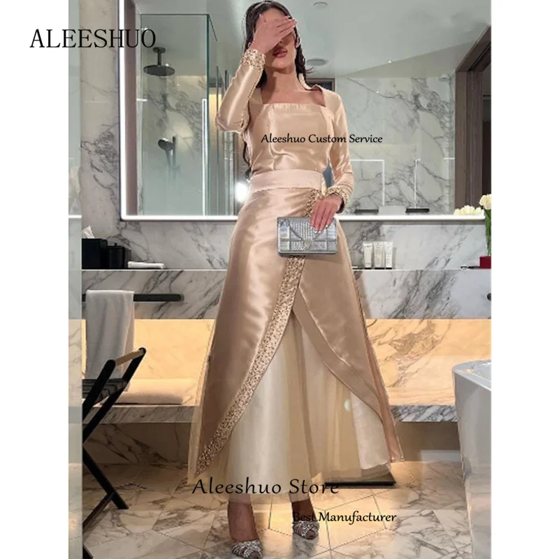 Aleeshuo Champagne Prom Dress Square Collar Pearls Beaded Long Sleeves A-line Ankle-Length Vestidos De Noche فساتين مناسبة رسمية