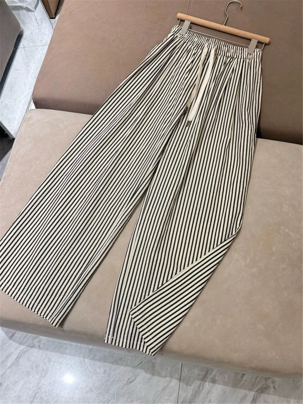 

2025 Spring Summer Women'S Striped Casual Pants Elastic Waist Drawstring Straight Wide-leg Sports Trousers