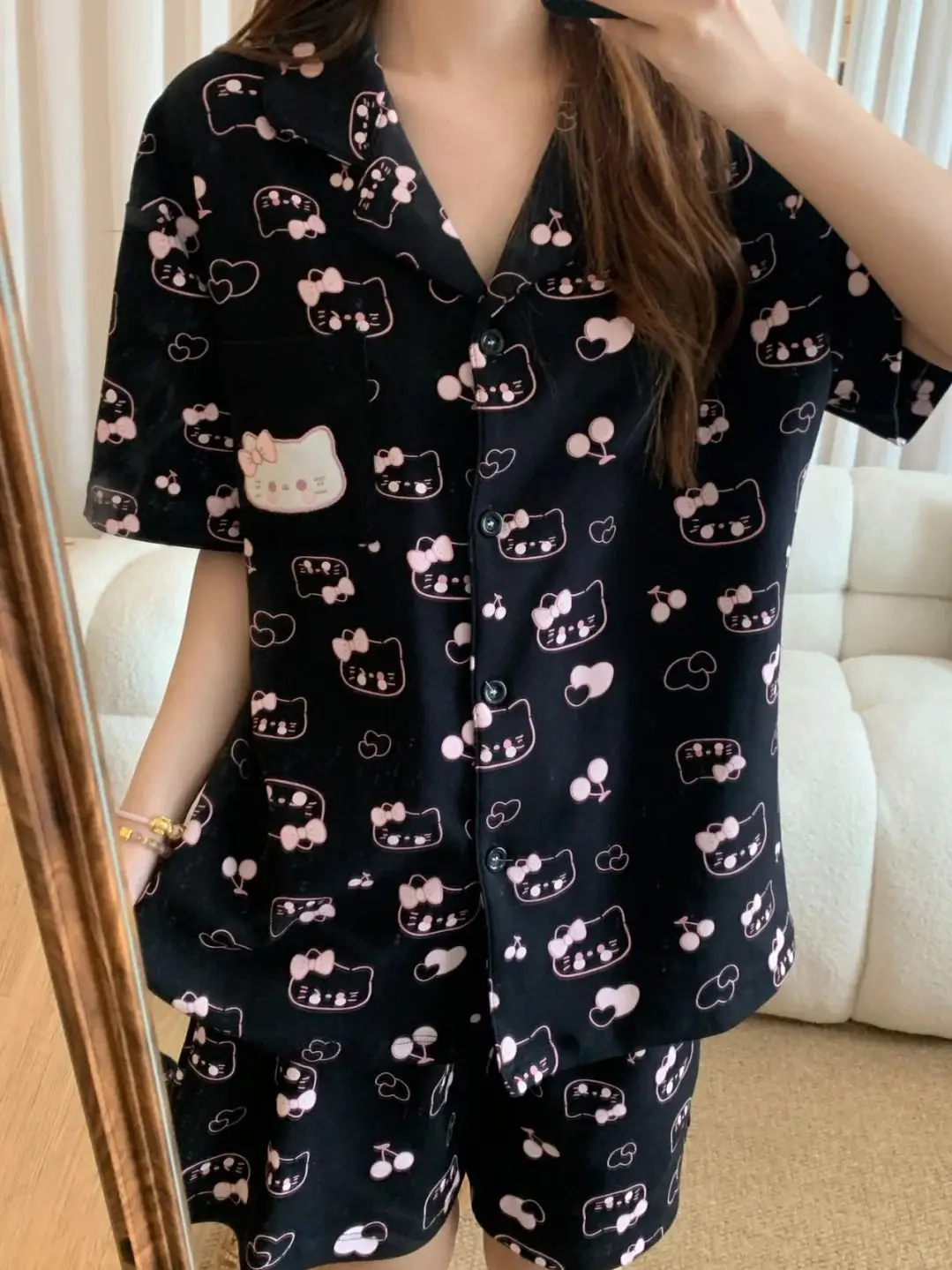 

Hello Kitty Women's Black Cherry Print Cotton Summer Pajama Set Casual Comfy 2-Piece Sleepwear and Home Loungewear