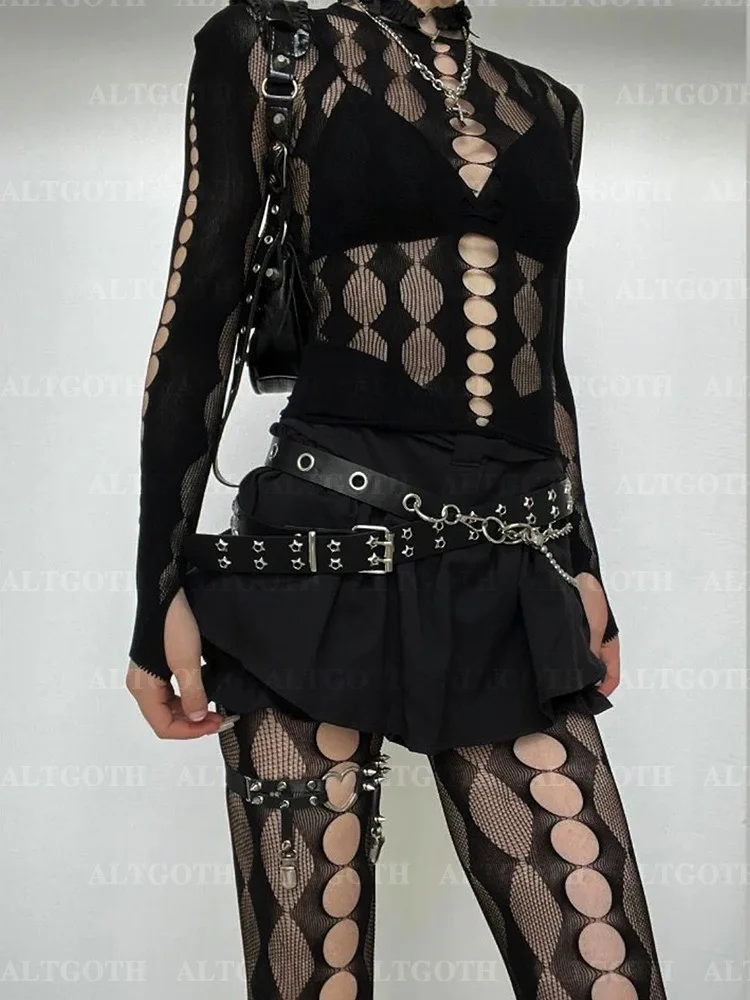 AltGoth Sexy See Through Mesh 2 Pieces Suits Women Streetwear Cyberpunk Mall Gothic Long Sleeve T-shirt High Waist Pants Suits