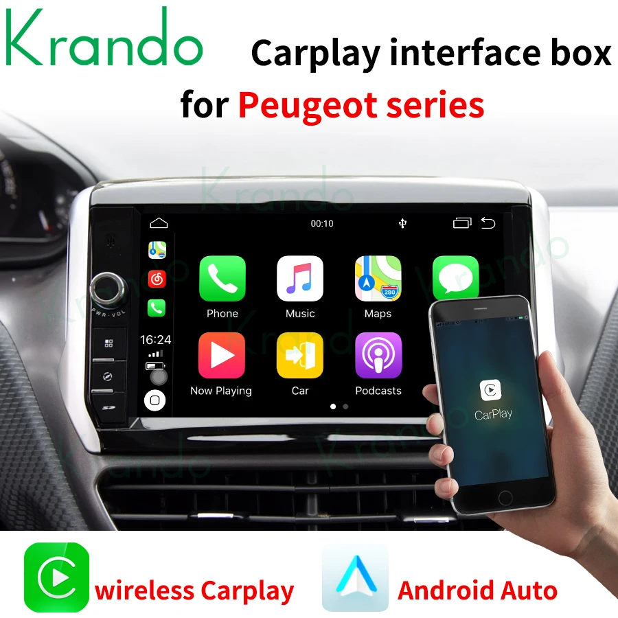 Krando Wireless CarPlay Interface Box For Peugeot C6 208 2008 308 3008 Boxter Citroen C3 C4 DS3 DS4 Jumpy BT Android Auto