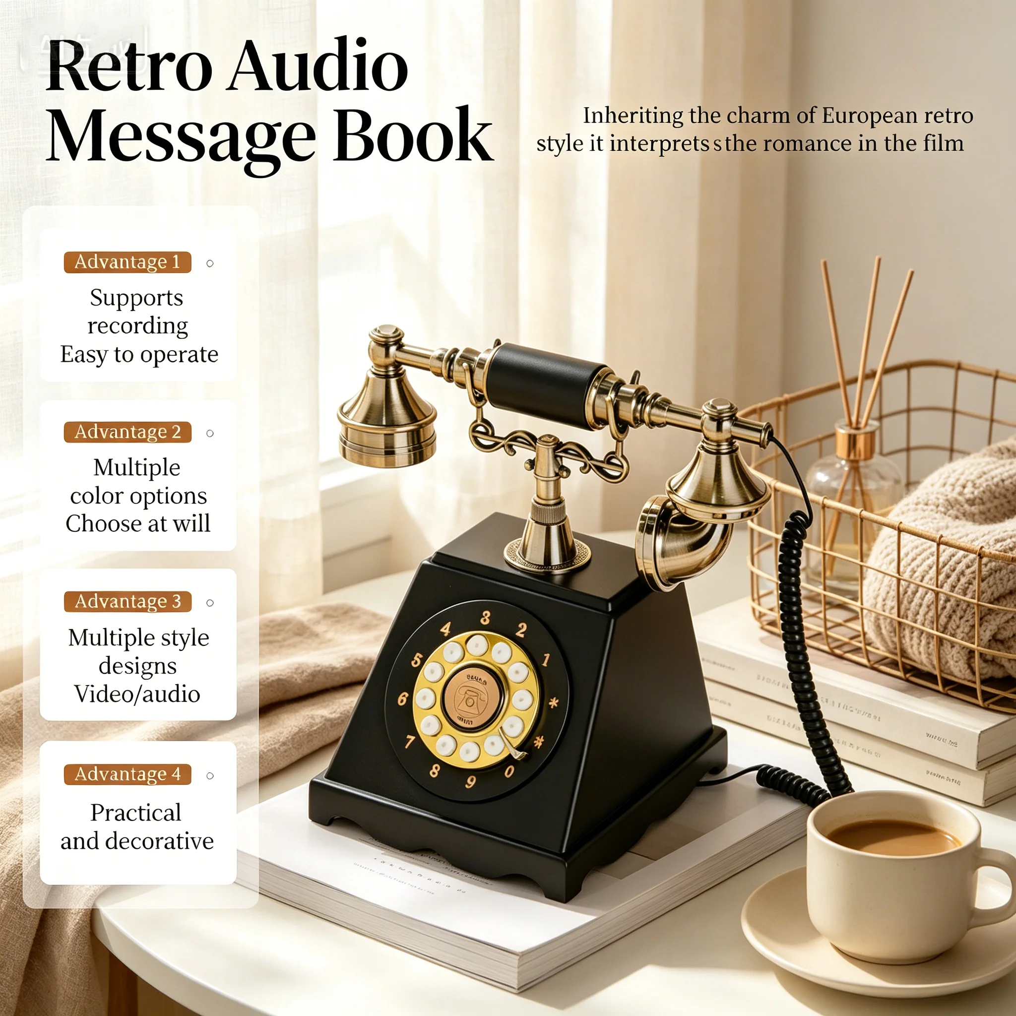 ABS 32GB Vintage Recording Telephone , Stand Antique Guest Book  for Weddings, Birthday Parties, Anniversary Messages