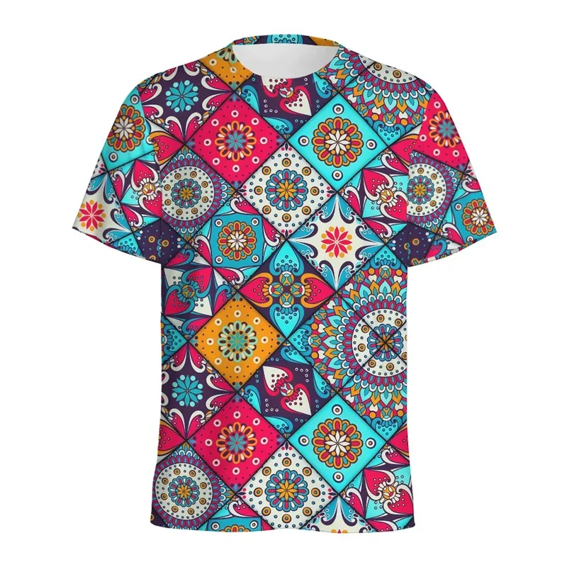 Bohemian Ethnic Pattern Print 3D T-Shirt, Classic Retro Casual Fashion Crew Neck Short Sleeve Streetwear Top for Men and Women