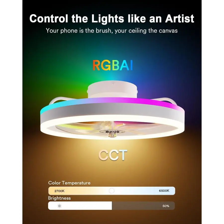 مراوح سقف واي فاي ذكية مع أضواء، مراوح سقف RGBAI مع أضواء وجهاز تحكم عن بعد، وضع الإضاءة المزدوج الحديث LED Low Pr