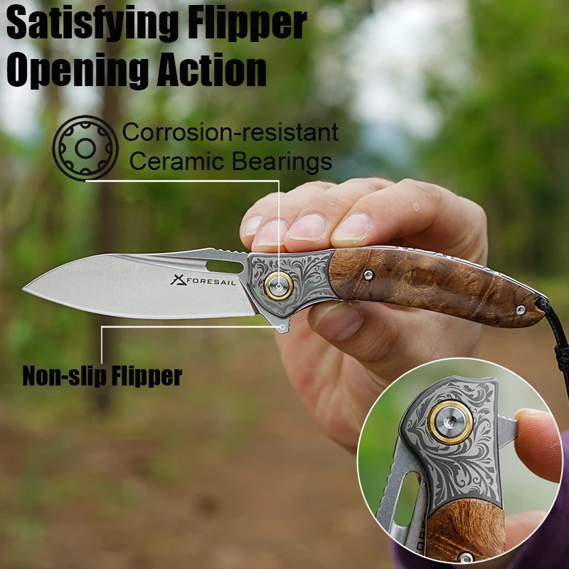 

FORESAIL M390 Powdered Steel Pocket Folding Knife Maple Wood Handle Outdoor Camping Hunting Survival Pocket Clip EDC Tool Knife