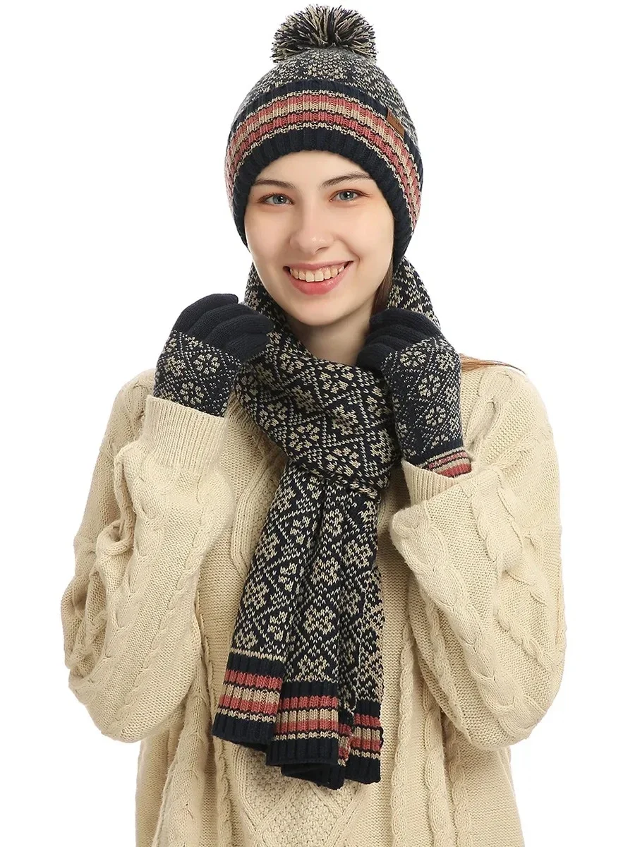 3 قطعة الشتاء وشاح محبوك قفازات للنساء صوف مبطن طقم قبعات مريحة لينة عادية الدافئة الأحمر قفازات مجموعة في الهواء الطلق يندبروف مجموعة