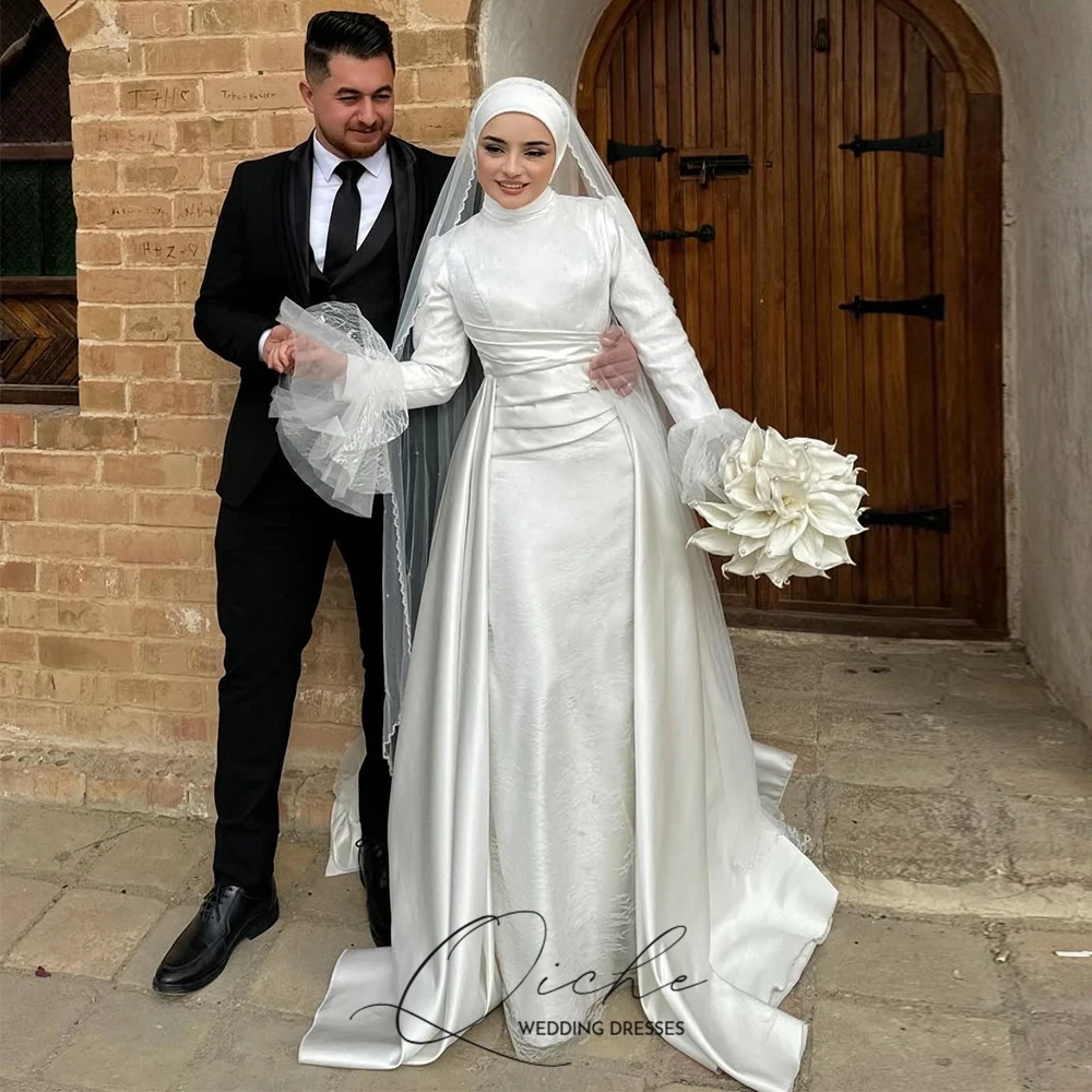 

QICHE Muslim Wedding Dresses for Women High Sewing Luxury Long Bride Dresses White Modest Lace Bridal Gowns Customized 2026