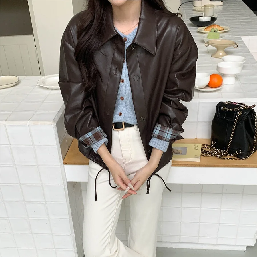 レディース 2025年冬 カジュアル ドローストリング ラペル PUレザー ジャケット 長袖コート スタイリッシュでファッショナブル