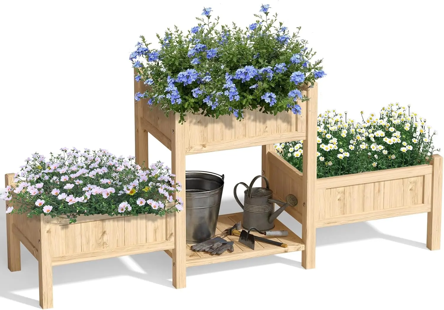 Extra Large Wooden Raised Garden Bed with Legs & Storage Shelf 3 Tier Outdoor Elevated Planter Box for Patios/Herbs/Flowers/Vegetables, Easy Assembly, Natural