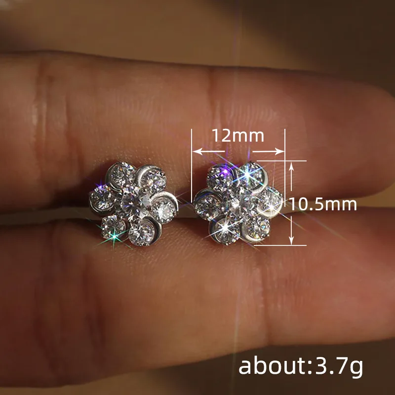 Clear Snowflake Imitation Moissanite Stud Earrings 925 Silver Needle Flower Shape Ear Studs for Women Zircon Jewelry